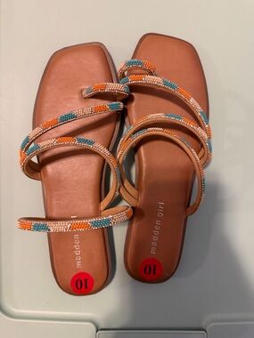 Madden Girl Tan Slide Sandals with Orange, Teal & Cream Beaded Straps